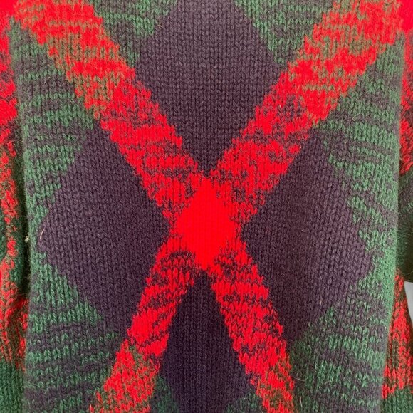 Vintage Tricots St. Raphael Shetland Wool Turtleneck Sweater Red/Green Argyle M - Picture 5 of 7